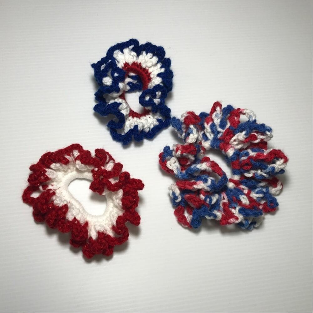 NWT Red White Blue Handmade Crocheted Hair Scrunchie Set of 3